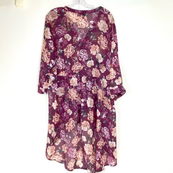 Torrid Chiffon Tunic Top Floral Burgundy Hi Lo 3/4 Roll Tab Sleeve Size 2X - Picture 3 of 11